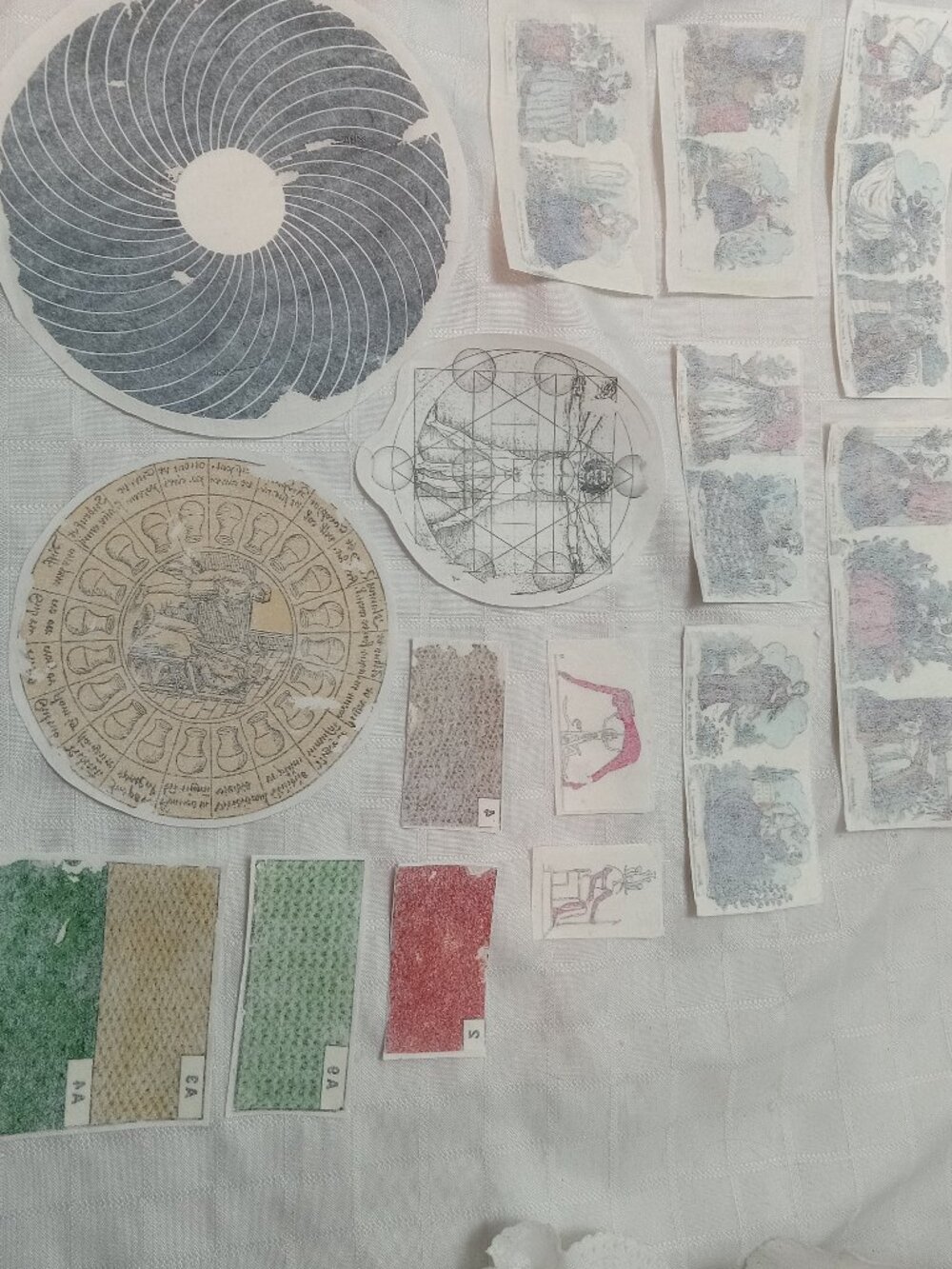 A large selection of handprinted cotton patch to sew with vintage illustrations